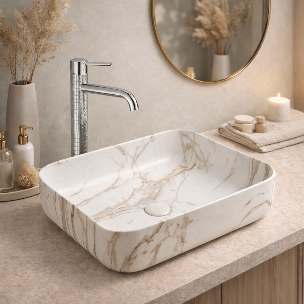 Vasque à Poser Rectangulaire Arrondie Blanc Veiné Or RIVÉO – 500 × 390 mm – Avec Bonde