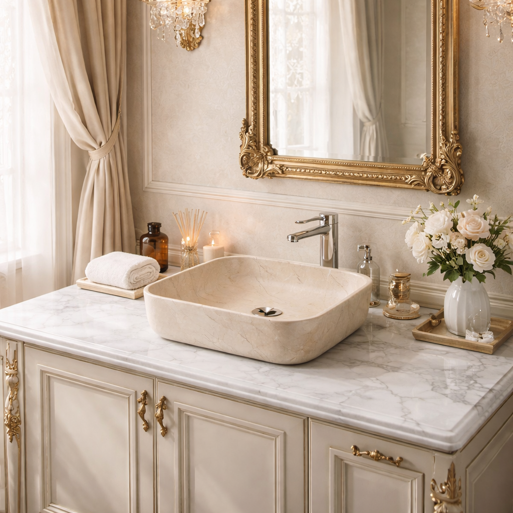 Vasque à Poser Carrée Arrondie Beige Marbre Nuancé RIVÉO – 395 × 395 mm – Avec Bonde