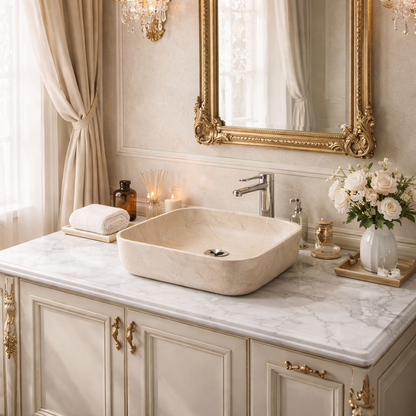 Vasque à Poser Carrée Arrondie Beige Marbre Nuancé RIVÉO – 395 × 395 mm – Avec Bonde