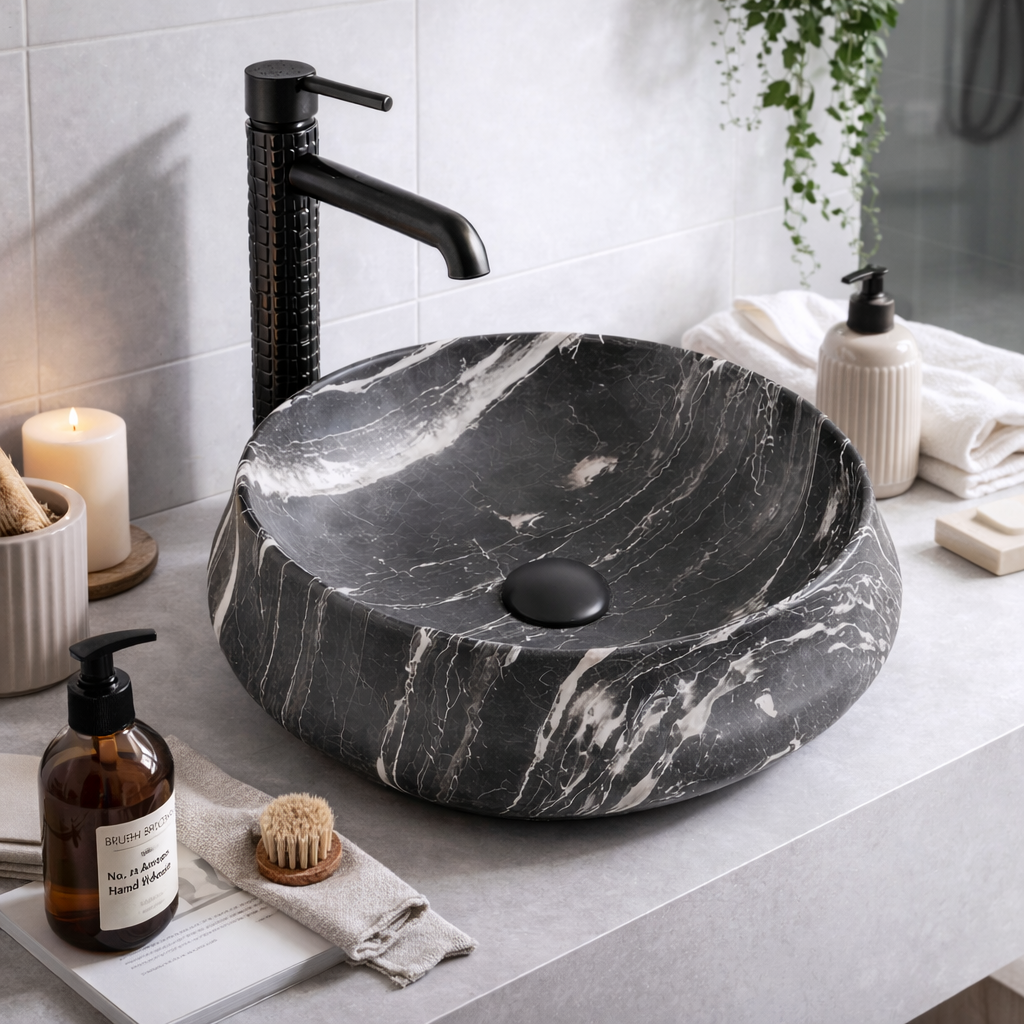 Vasque à Poser Ronde Noir Veiné Blanc RIVÉO – Ø455 mm – Avec Bonde