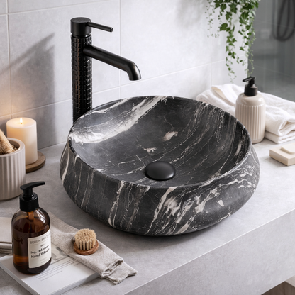 Vasque à Poser Ronde Noir Veiné Blanc RIVÉO – Ø455 mm – Avec Bonde