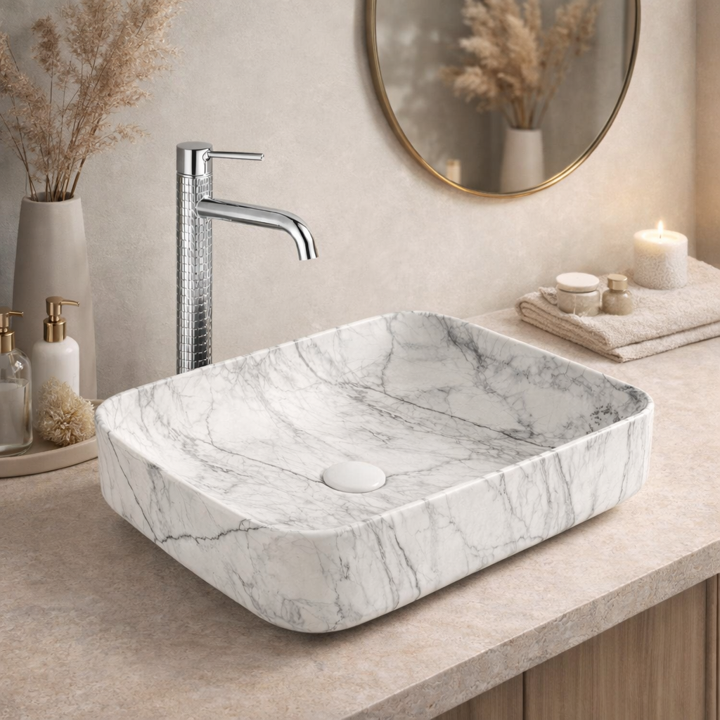 Vasque à Poser Rectangulaire Arrondie Blanc Veiné Gris RIVÉO – 500 × 390 mm – Avec Bonde