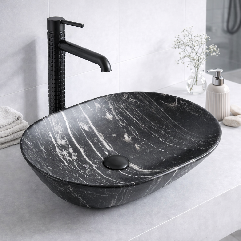 Vasque à Poser Ovale Noir Veiné Blanc RIVÉO – 590 × 425 mm – Avec Bonde