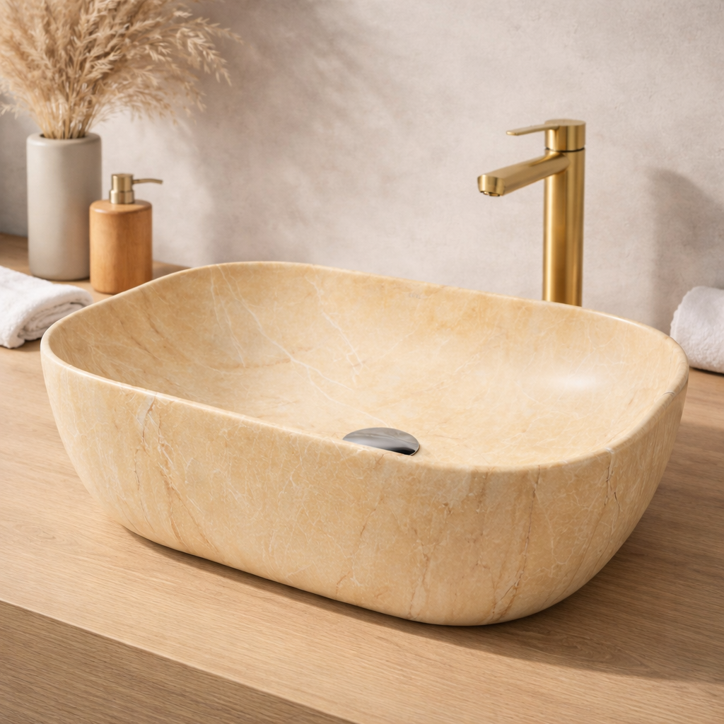 Vasque à Poser Ovale Beige Marbre Nuancé RIVÉO – 590 × 410 mm – Avec Bonde