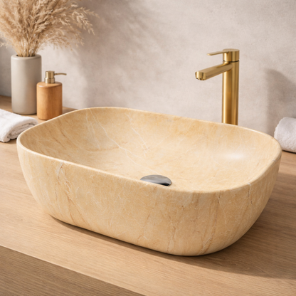 Vasque à Poser Ovale Beige Marbre Nuancé RIVÉO – 590 × 410 mm – Avec Bonde