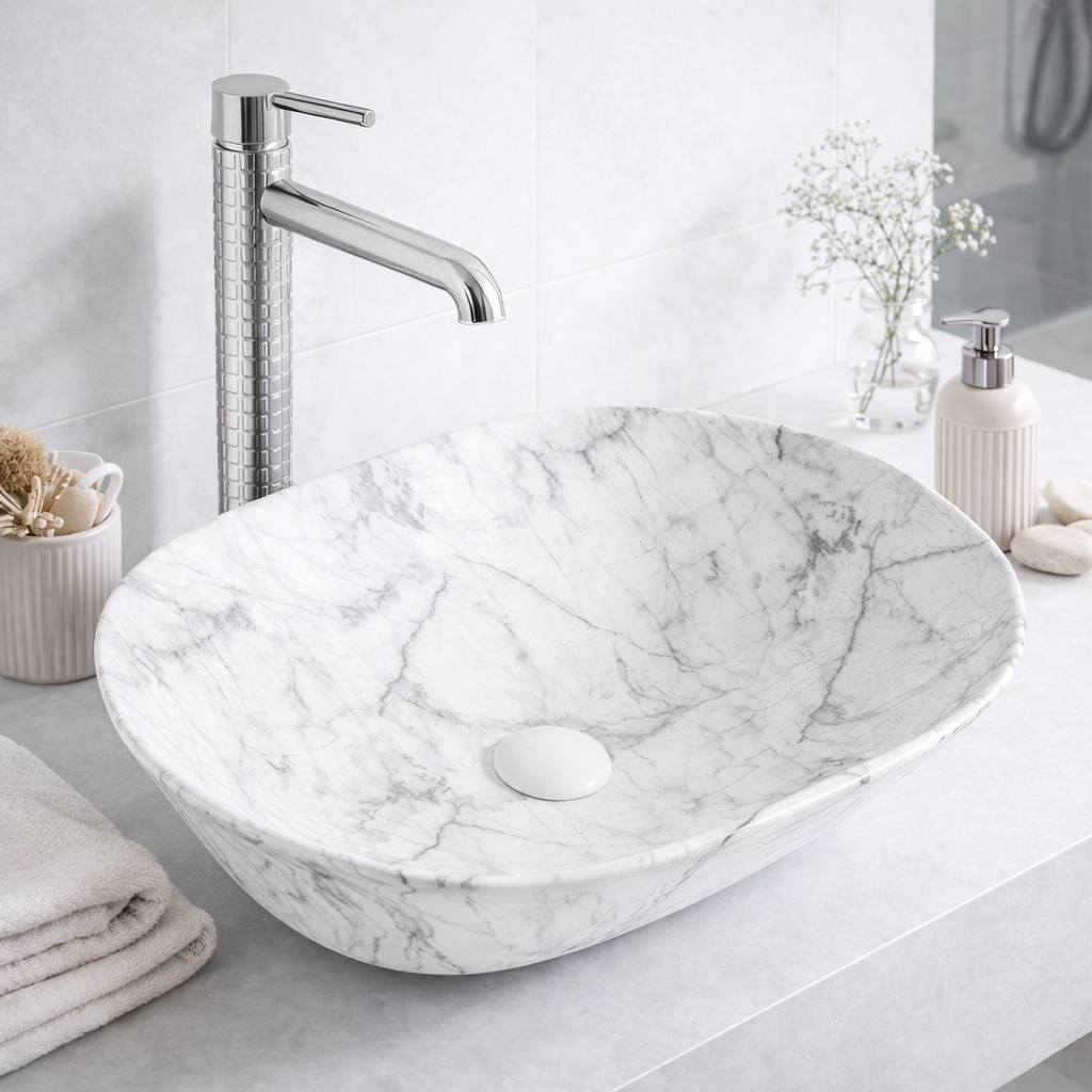 Vasque à Poser Ovale Marbre Blanc Veiné Gris RIVÉO – 590 × 425 mm – Avec Bonde