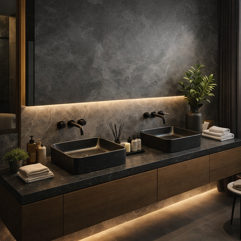 RIVÉO Matte Black Square Countertop Basin – 365 × 365 mm – With Drain Included
