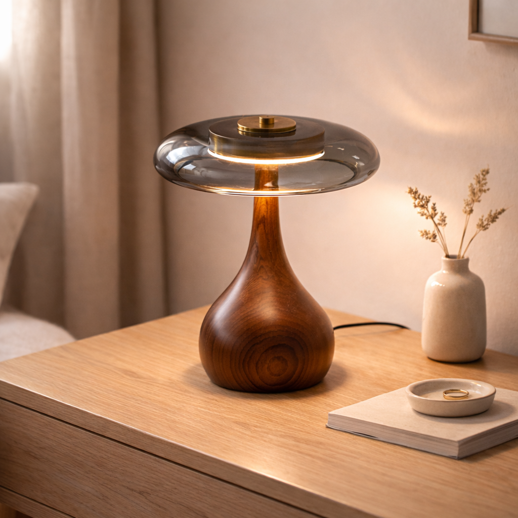 Eloise Ash Wood & Grey Smoked Glass Table Lamp – ELOISE01 – Decopine (Available for pre-order)