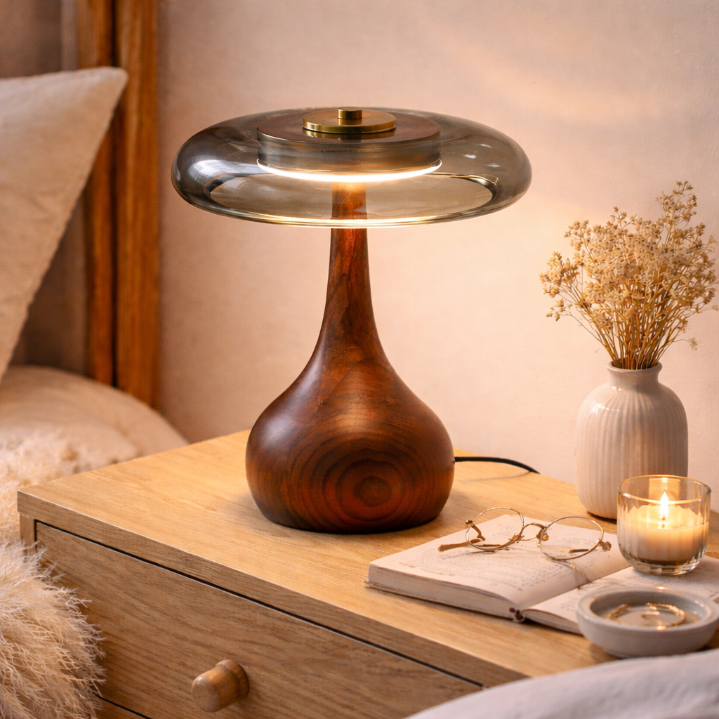 Eloise Ash Wood & Grey Smoked Glass Table Lamp – ELOISE01 – Decopine (Available for pre-order)