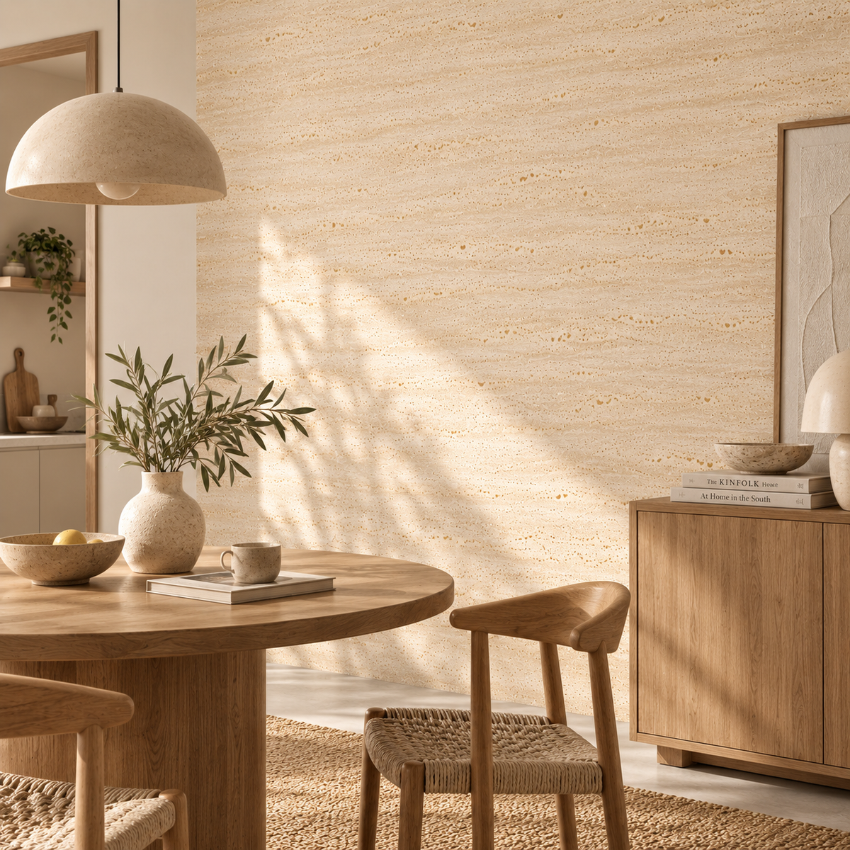 Self-Adhesive Travertine Effect Wallpaper - Light Beige - 60x280 cm