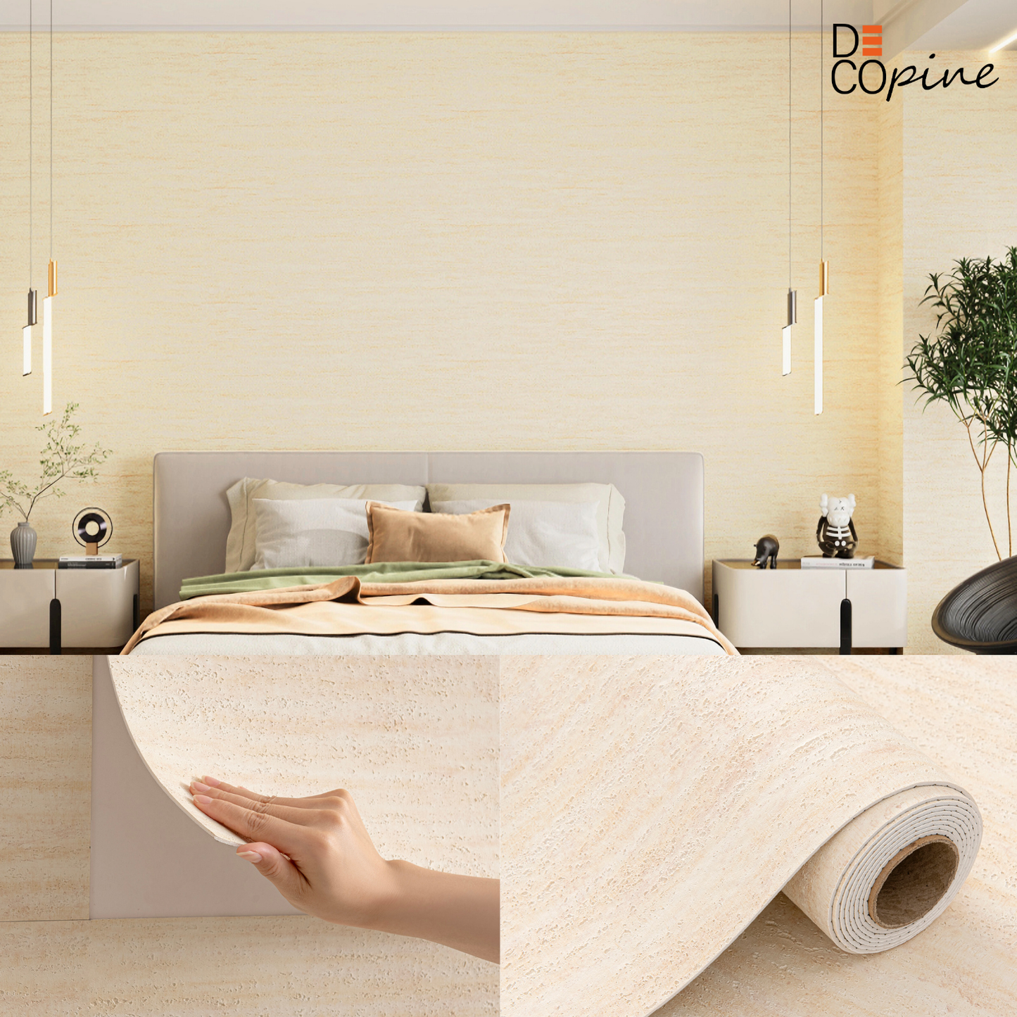 Papier Peint Auto-adhésif Effet Travertin – Beige Clair – 60×280 cm