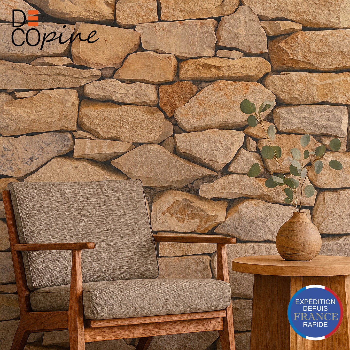 Natural Stone Effect Wallpaper – Beige and Brown Tones – 0.53 x 10m – Rustic Style