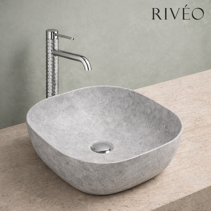 Vasque à Poser Carrée Arrondie Effet Pierre Grise RIVÉO – 410 × 410 mm – Avec Bonde