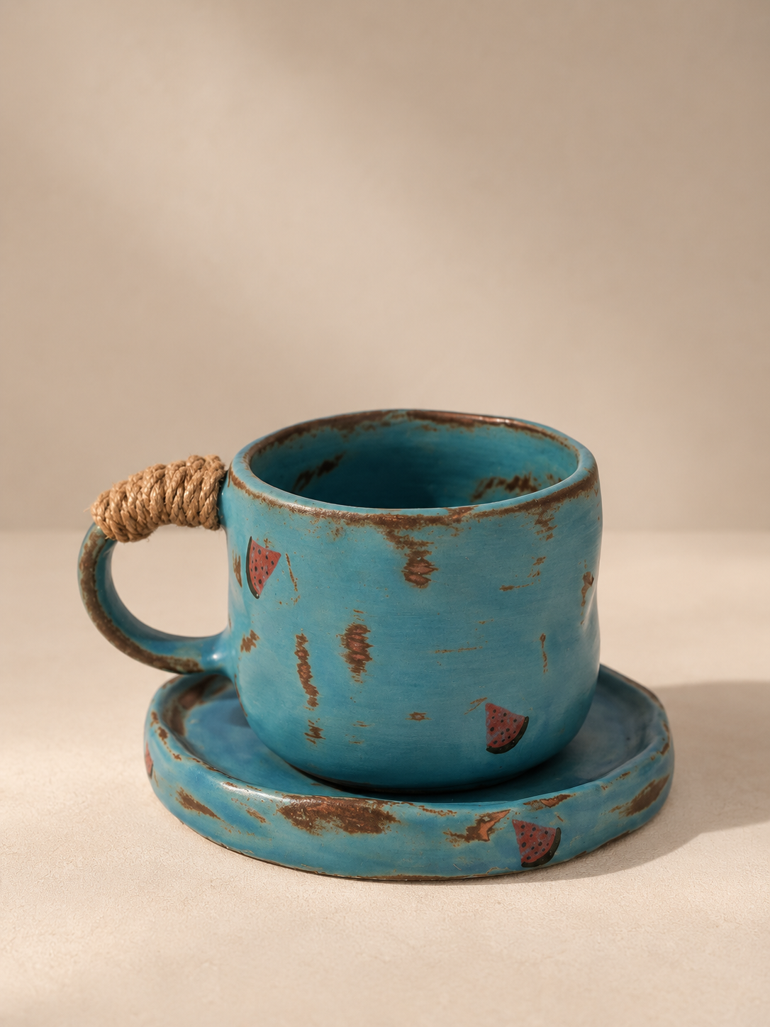 Tasse à café artisanale en céramique bleu turquoise motif pastèque avec soucoupe – 270 ml