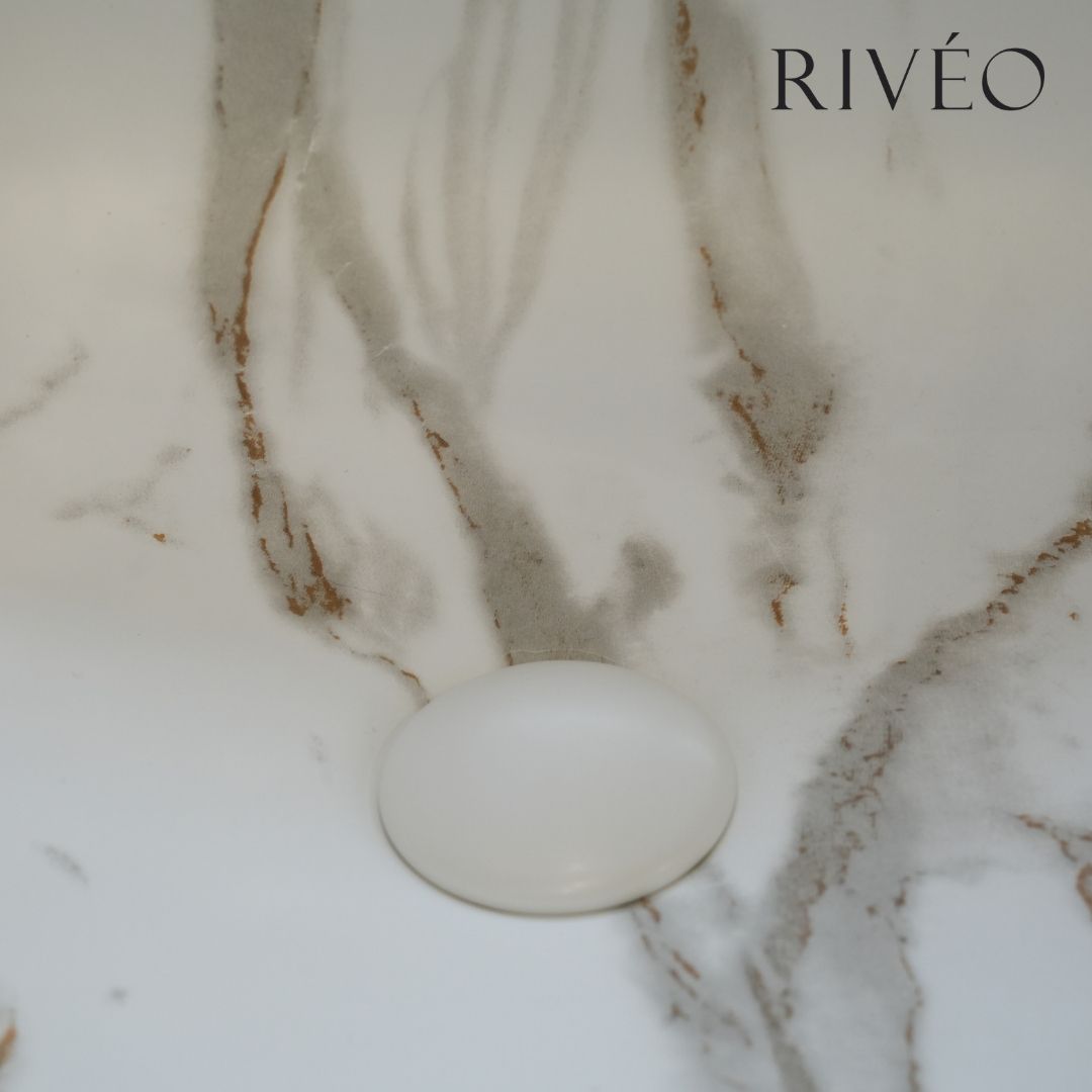 Vasque à Poser Carrée Arrondie Effet Marbre Blanc RIVÉO – 395 × 395 mm – Avec Bonde