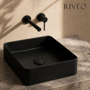RIVÉO Matte Black Square Countertop Basin – 365 × 365 mm – With Drain Included