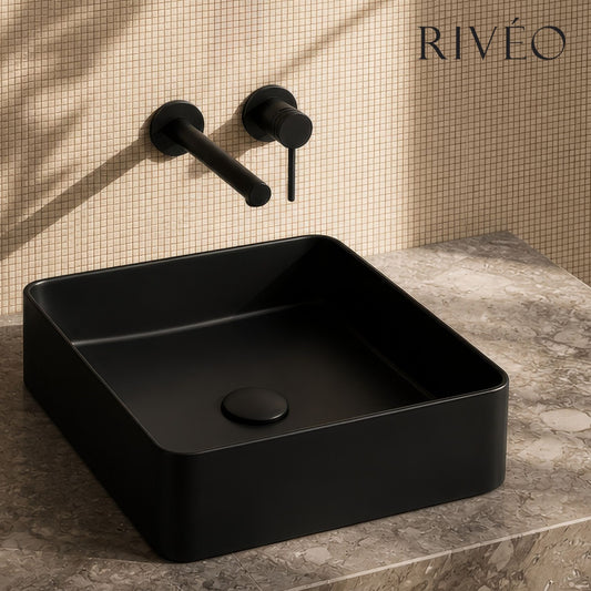 Vasque à Poser Carrée Noir Mat RIVÉO – 365 × 365 mm – Avec Bonde Incluse