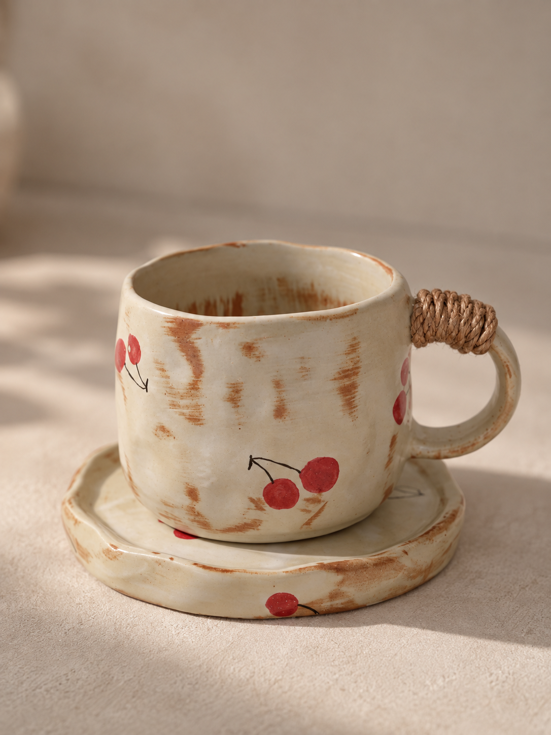 Tasse à café artisanale en céramique crème motif cerise avec soucoupe – 270 ml