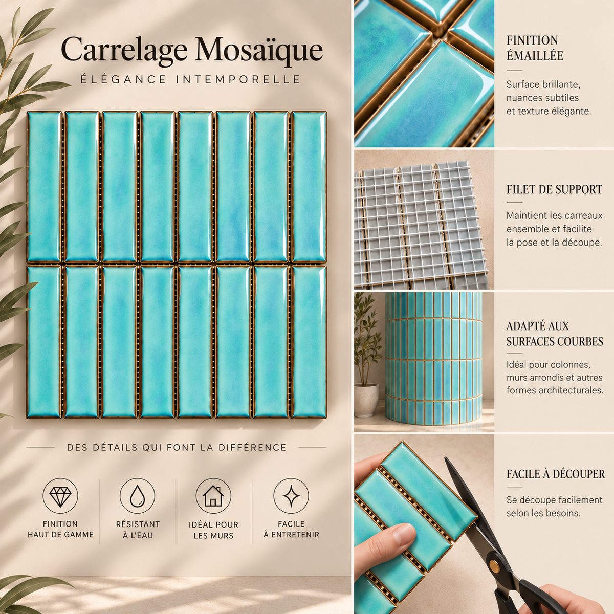Mosaïque en Céramique Émaillée – Bleu Azur Clair – 28,4 × 29,6 cm