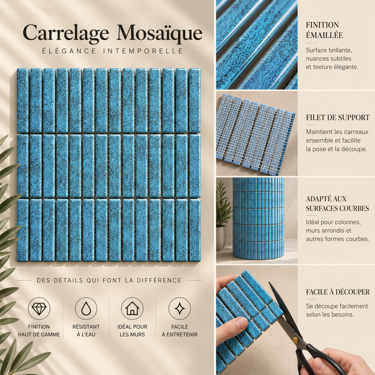 Mosaïque en Céramique Émaillée – Bleu Azur Moucheté – 28,4 × 29,6 cm