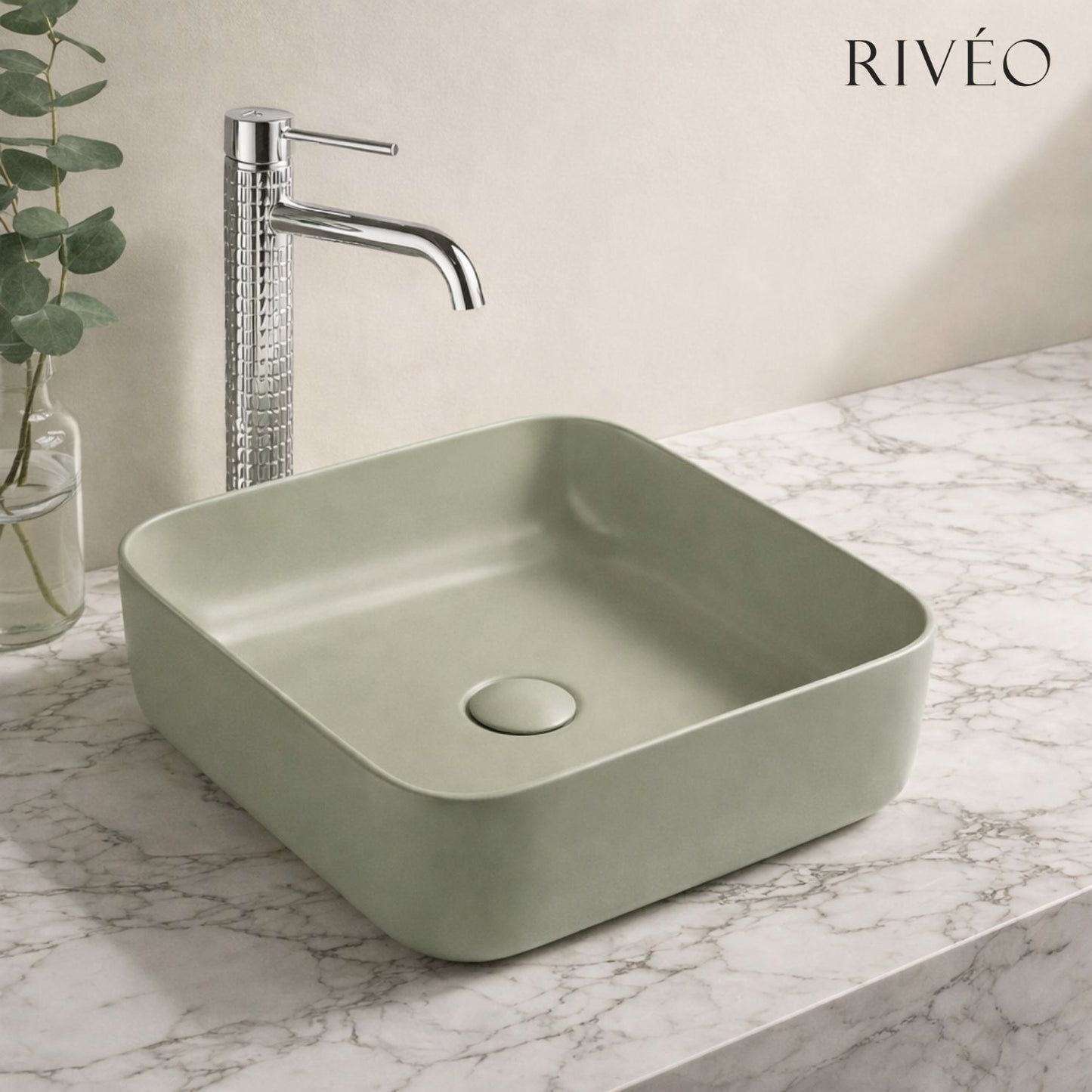 Vasque à Poser Carrée Arrondie Vert Sauge Clair RIVÉO – 365 × 365 mm – Avec Bonde
