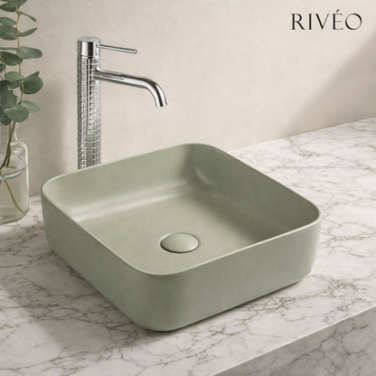 Vasque à Poser Carrée Arrondie Vert Sauge Clair RIVÉO – 365 × 365 mm – Avec Bonde