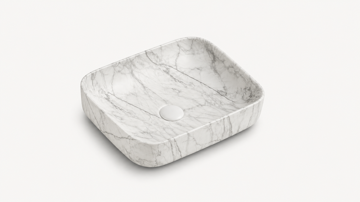 Vasque à Poser Rectangulaire Arrondie Blanc Veiné Gris RIVÉO – 500 × 390 mm – Avec Bonde