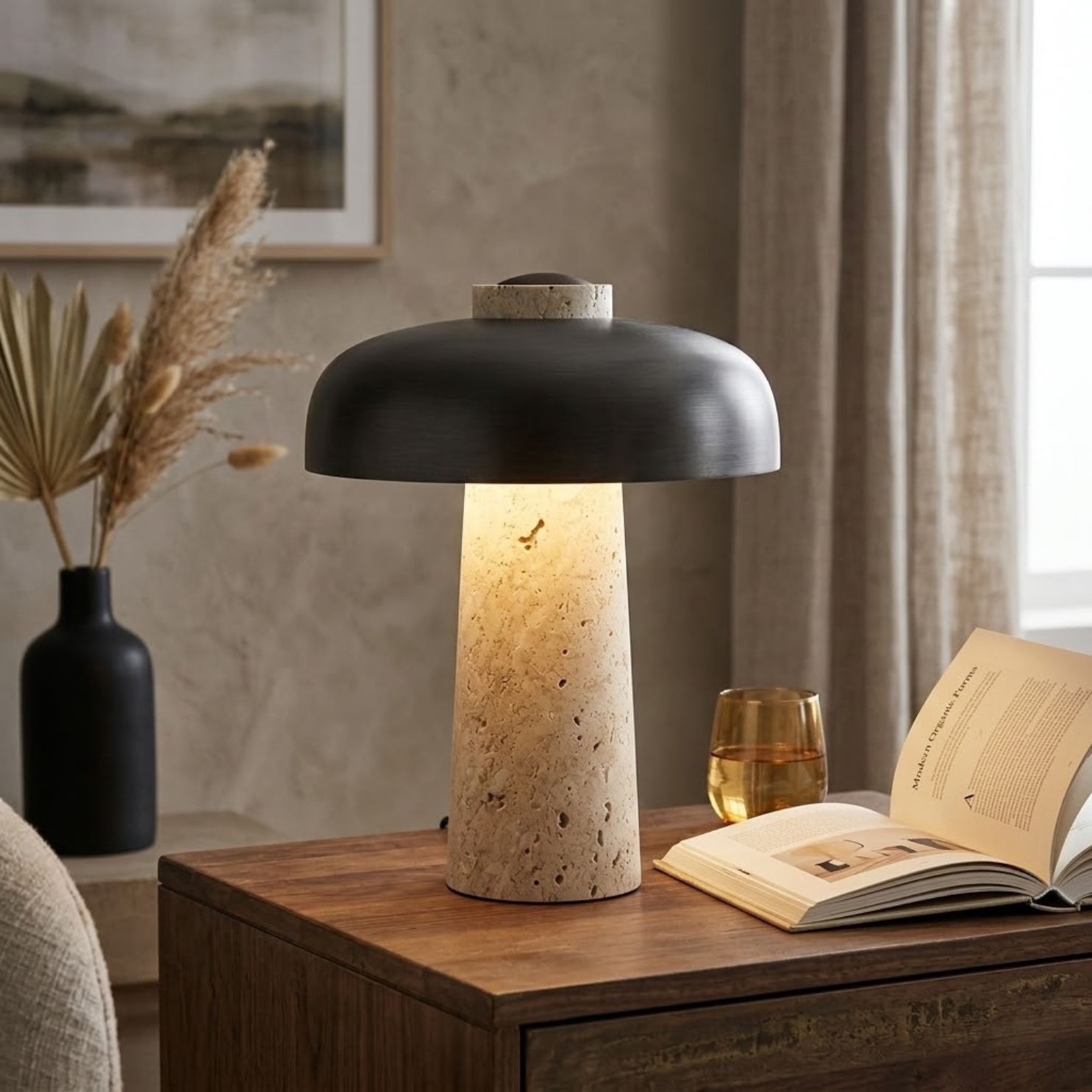 Natural Travertine & Black Metal Table Lamp – Touch Switch – Decopine