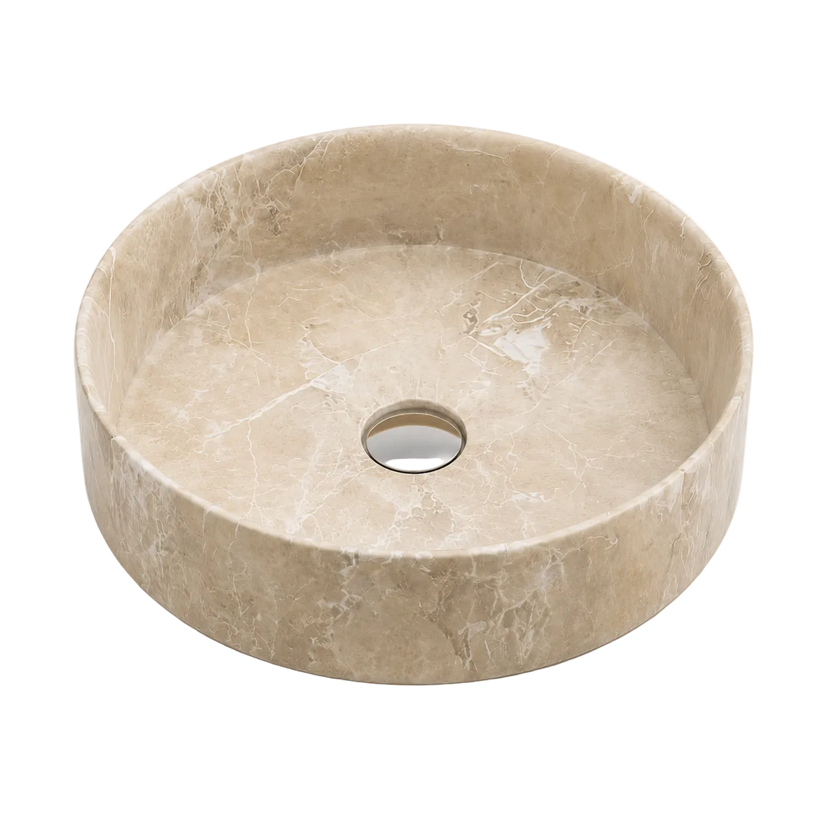 RIVÉO Beige Marble Effect Round Countertop Basin – 360 x 360 mm – With Drain