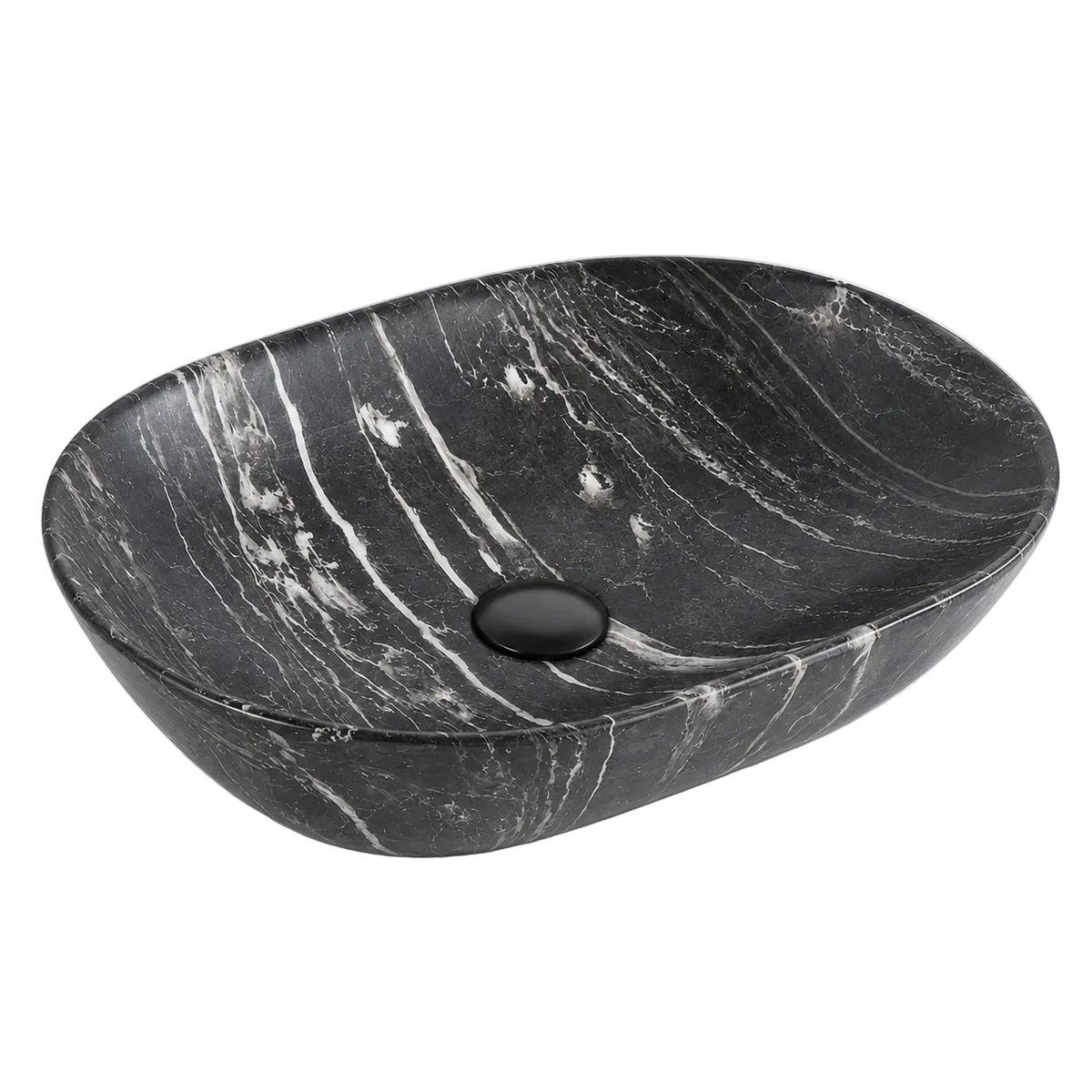 Vasque à Poser Ovale Noir Veiné Blanc RIVÉO – 590 × 425 mm – Avec Bonde