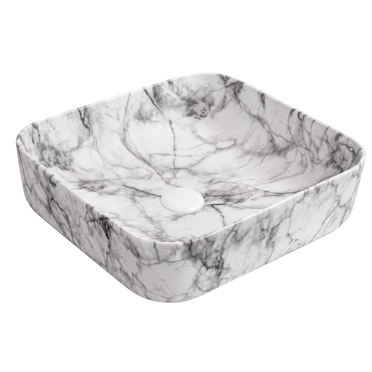 RIVÉO Rounded Square Countertop Basin in Grey Veined White Marble – 395 × 395 mm – With Drain