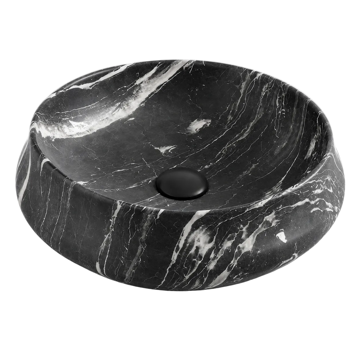 Round Countertop Basin Black Veined White RIVÉO – Ø455 mm – With Drain