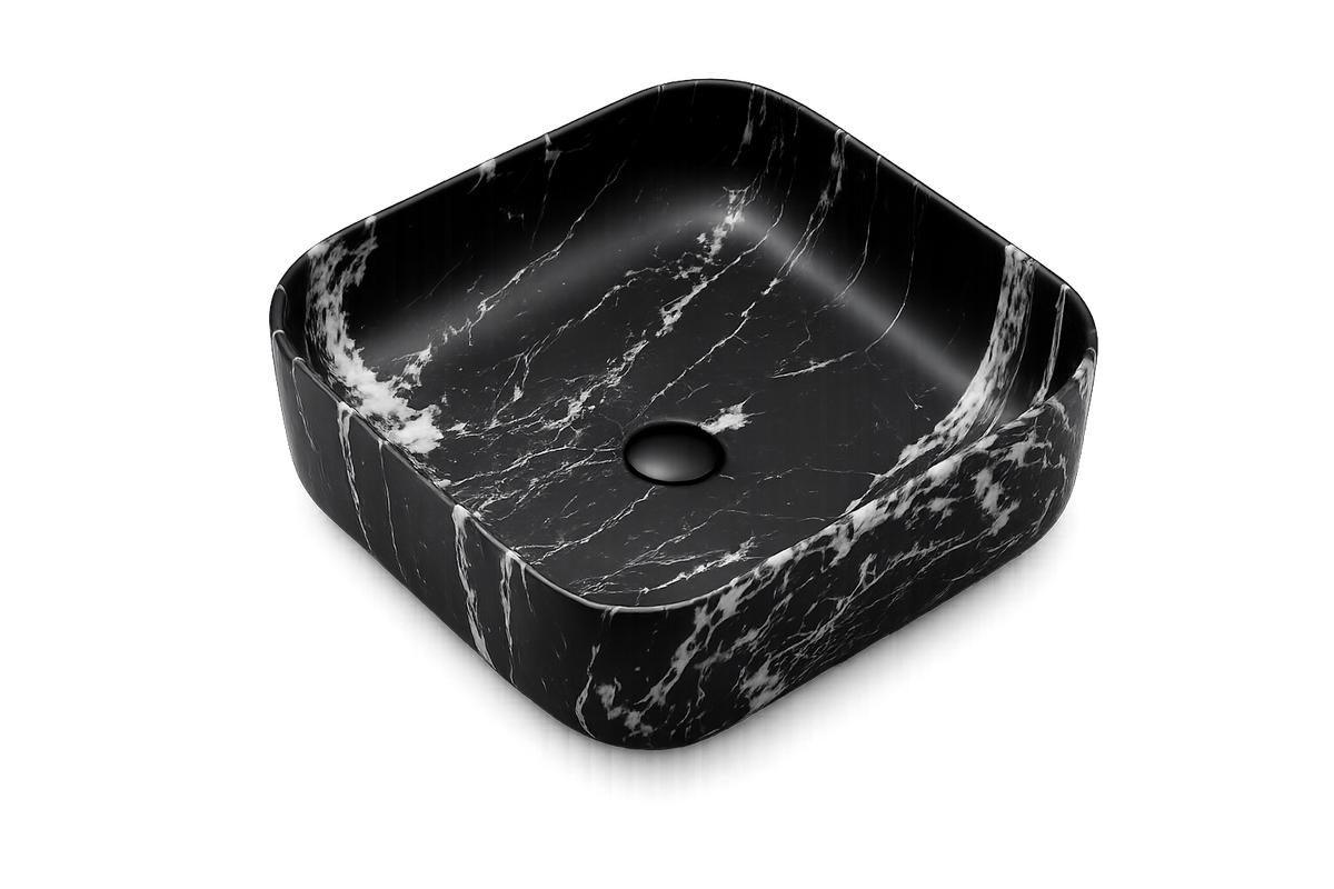 RIVÉO Black Marble-Effect Rounded Square Countertop Basin – 395 × 395 mm – With Waste
