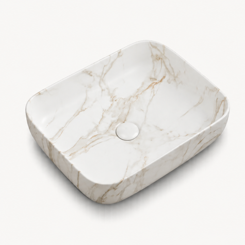 RIVEO Rounded Rectangular White Veined Gold Countertop Basin – 500 × 390 mm – With Drain