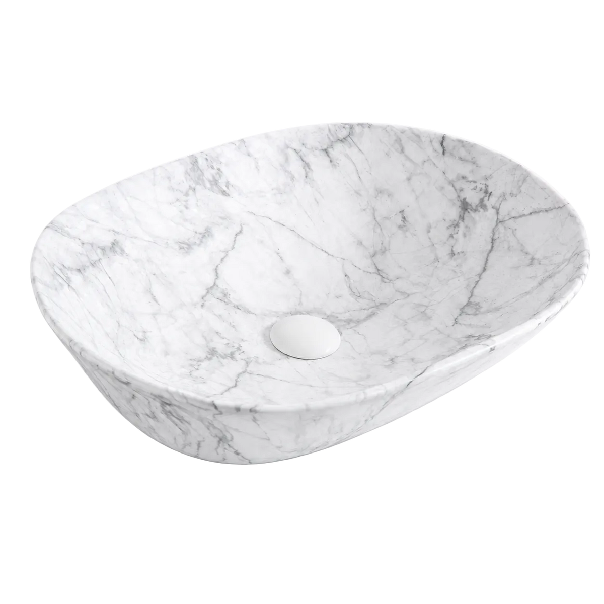 RIVÉO Grey Veined White Marble Oval Countertop Basin – 590 × 425 mm – With Pop-Up Waste