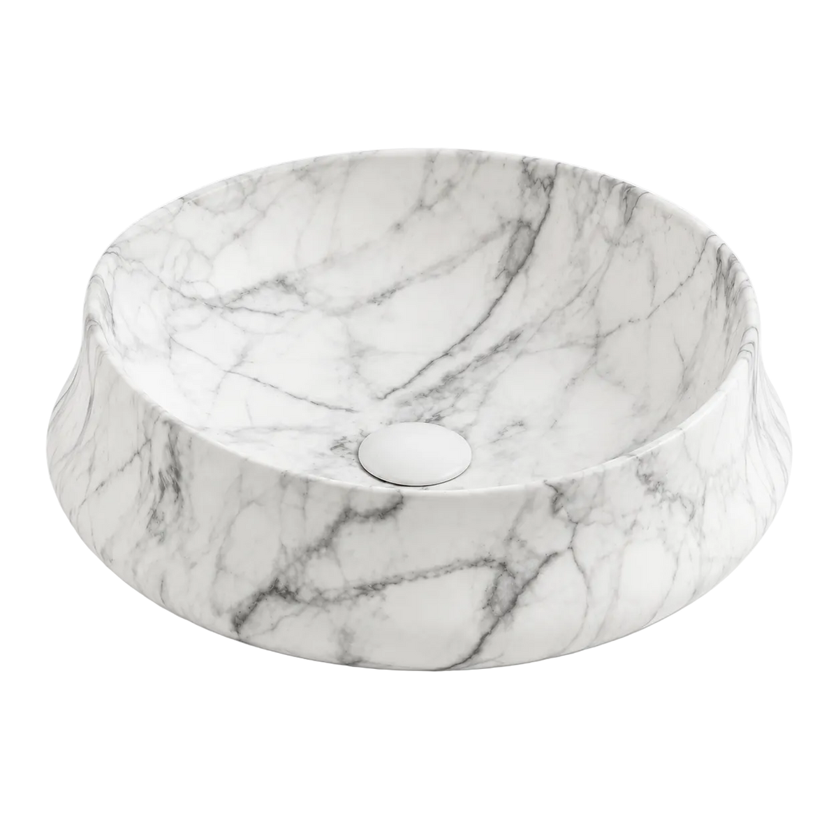 RIVÉO Round Countertop Basin with White Marble Effect – 455 × 455 mm – With Drain
