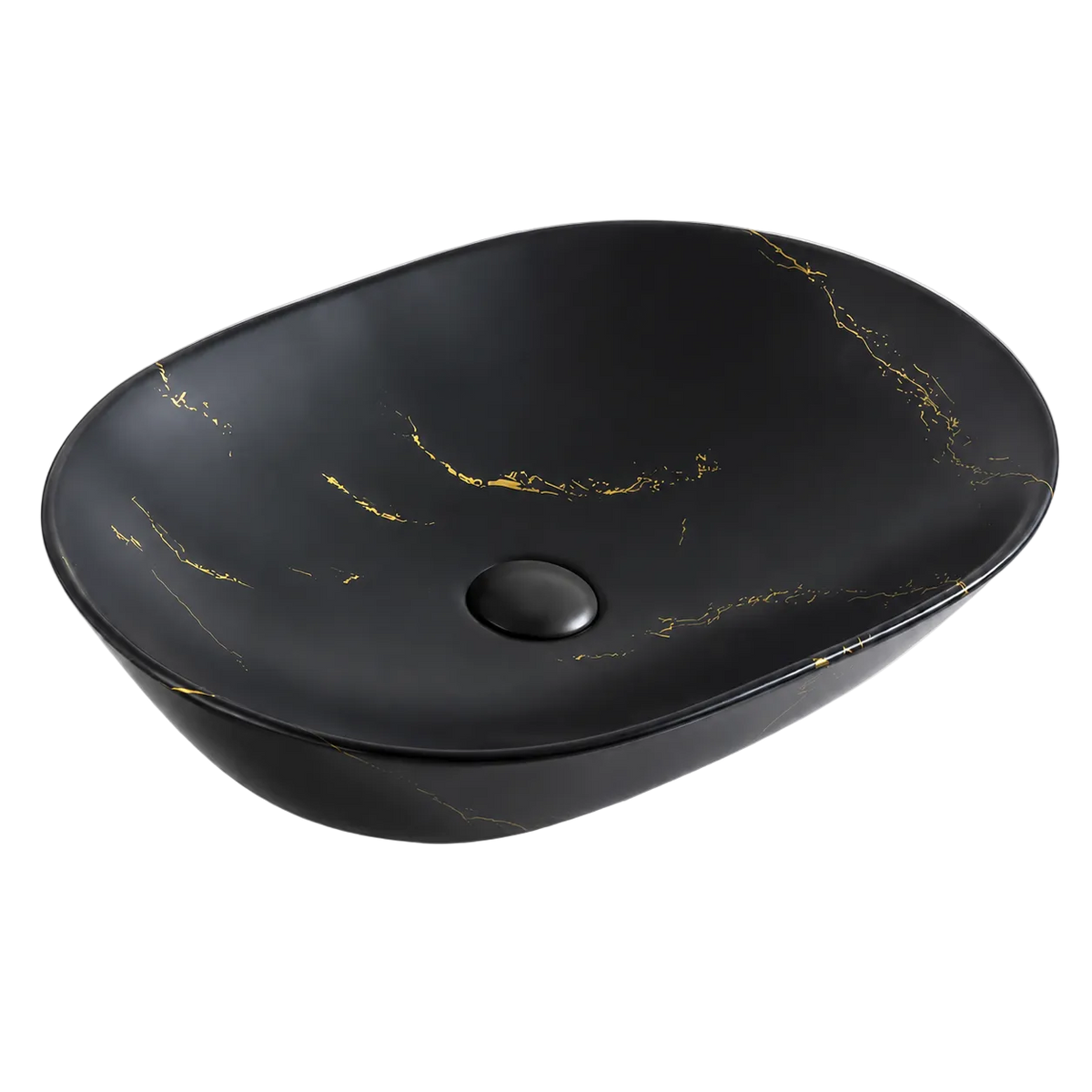 RIVÉO Oval Black Veined Gold Marble Countertop Basin – 590 × 425 mm – With Waste