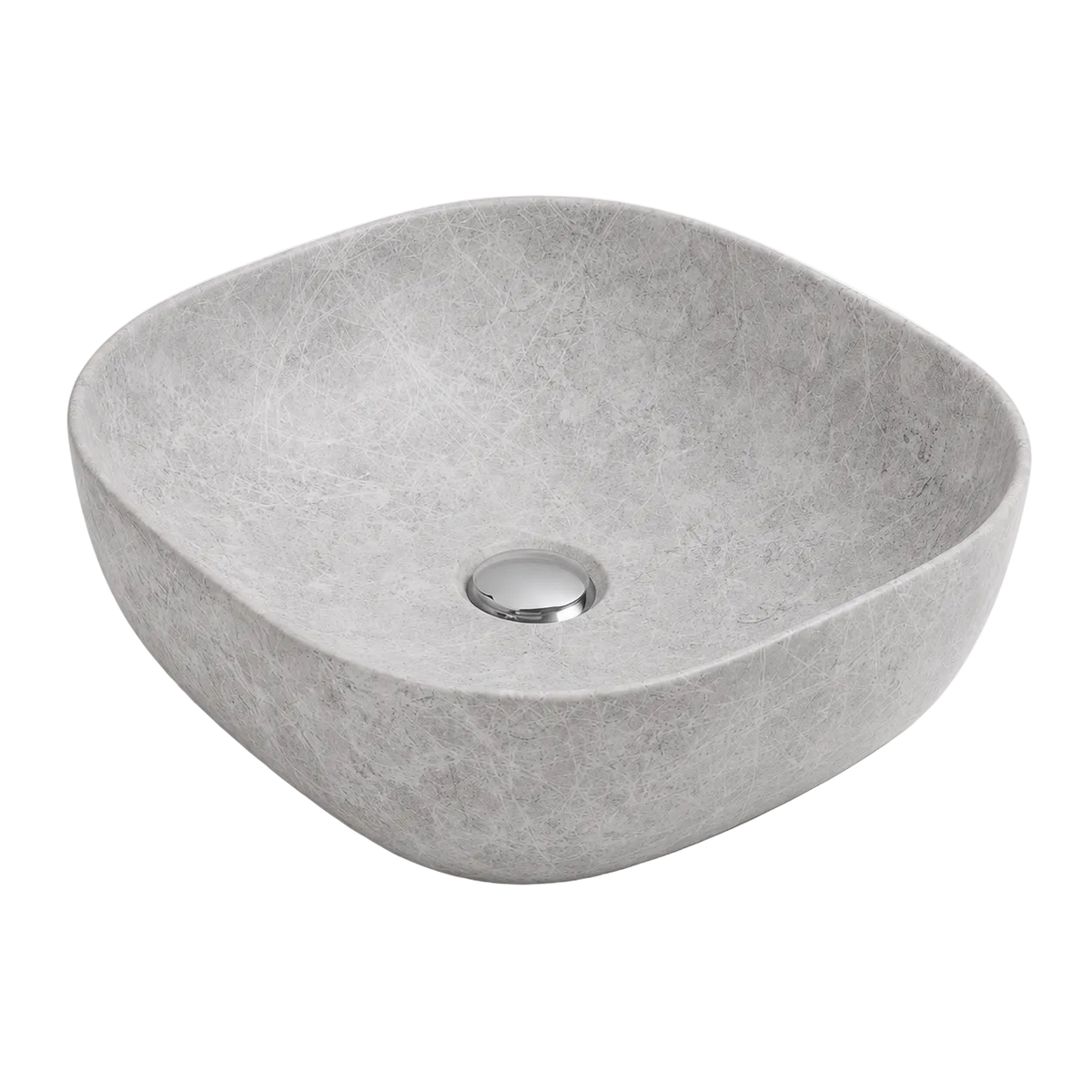 RIVÉO Grey Stone Effect Round Edged Square Countertop Basin – 410 × 410 mm – With Drain