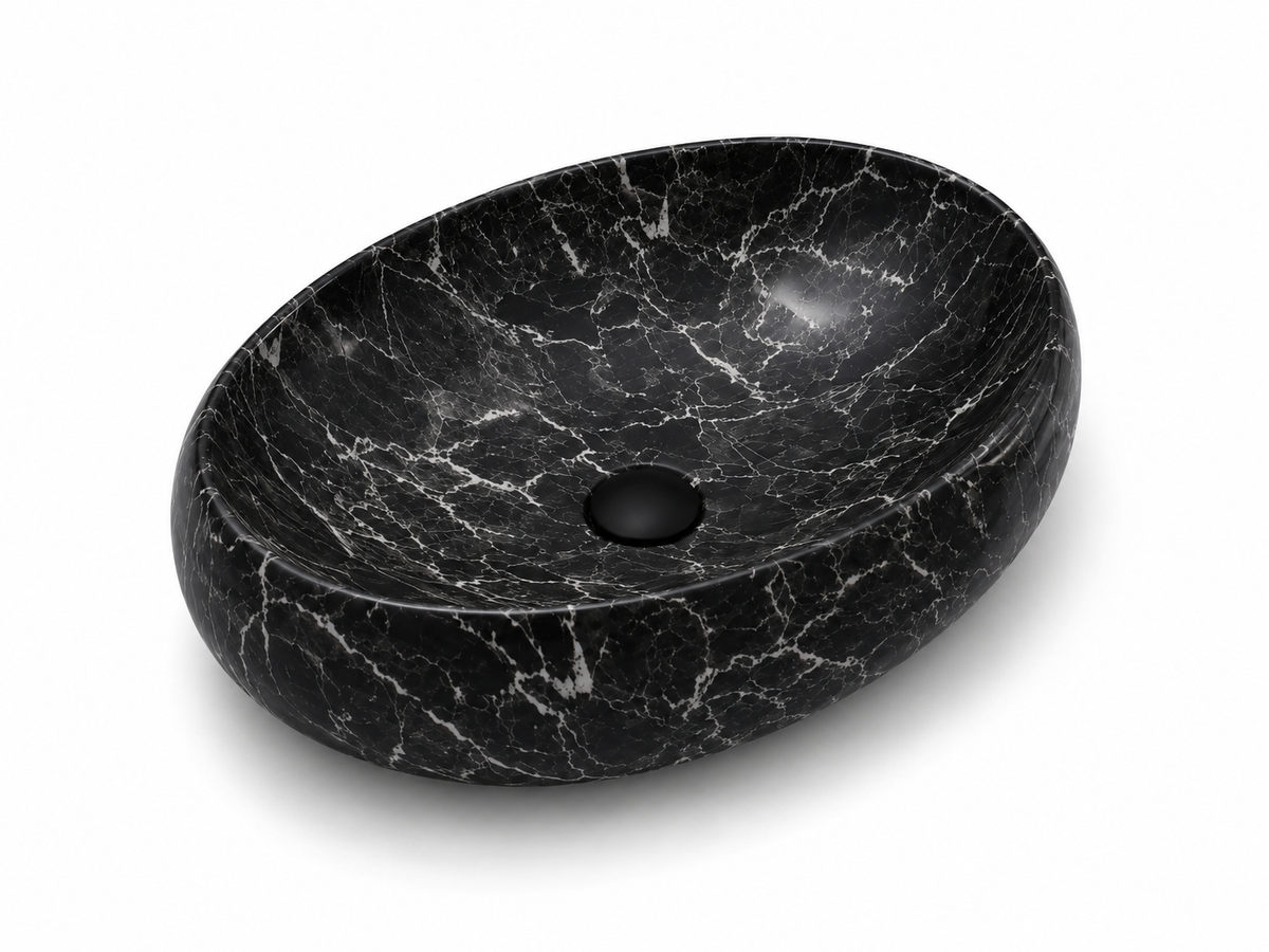 RIVÉO Oval Black Marble Effect Countertop Basin – 600 × 400 mm – With Drain