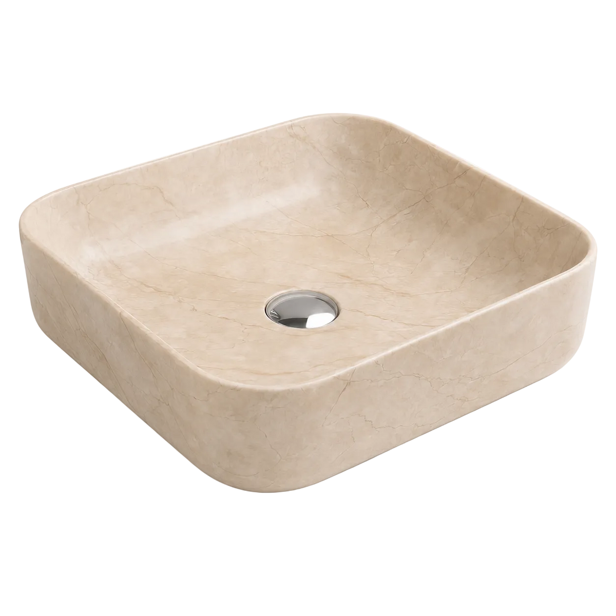 RIVÉO Round-Edged Square Countertop Basin in Variegated Beige Marble – 395 × 395 mm – With Drain