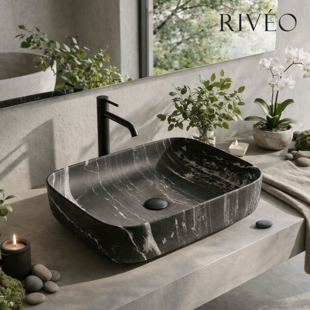 RIVÉO Rectangular Black with White Veins Countertop Basin - 500 x 390 mm - With Drain