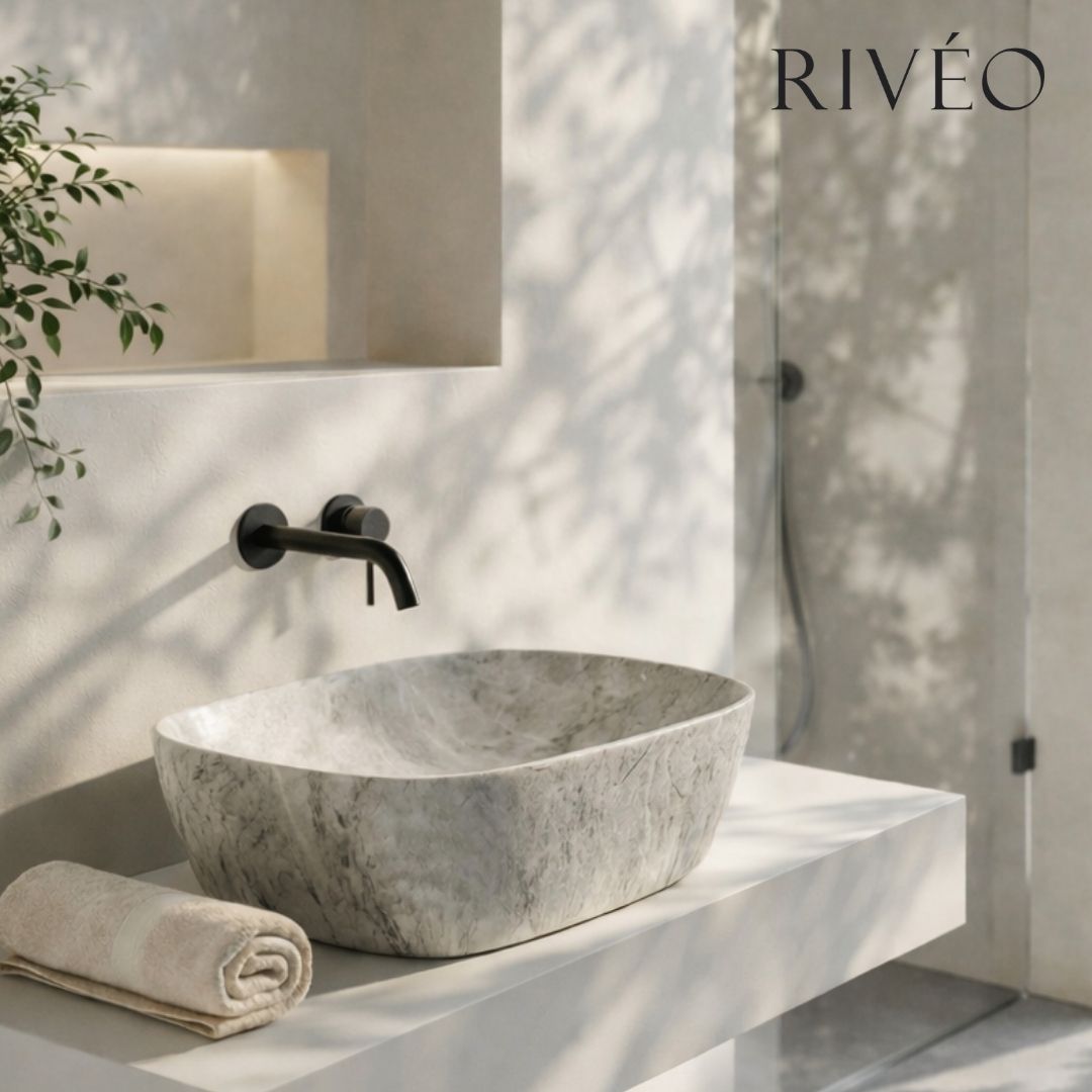 RIVÉO Grey Stone Effect Round Edged Square Countertop Basin – 410 × 410 mm – With Drain