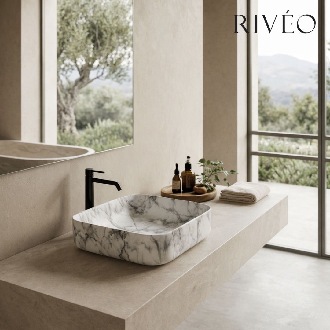 RIVÉO Rounded Square Countertop Basin in Grey Veined White Marble – 395 × 395 mm – With Drain