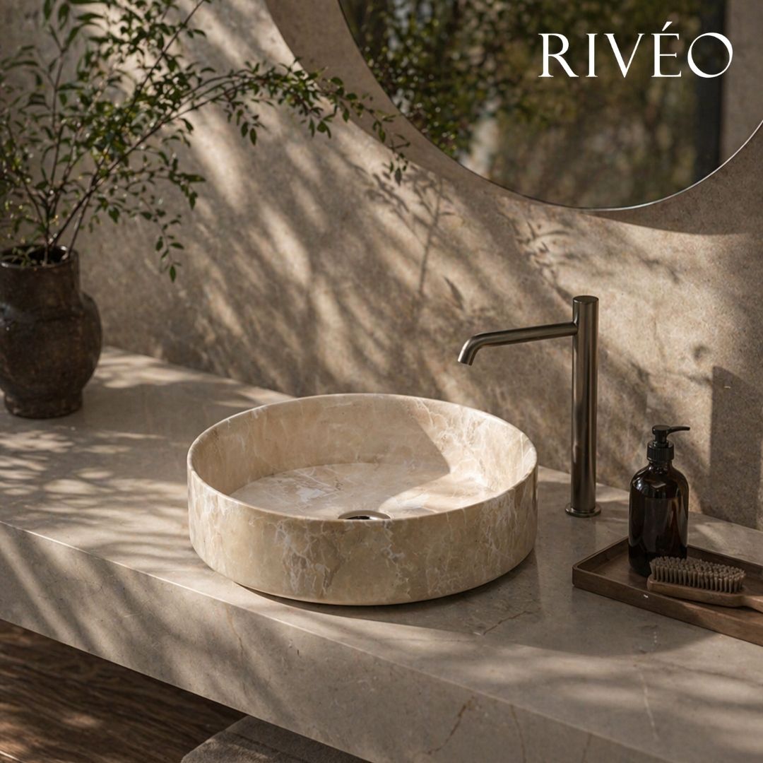RIVÉO Beige Marble Effect Round Countertop Basin – 360 x 360 mm – With Drain