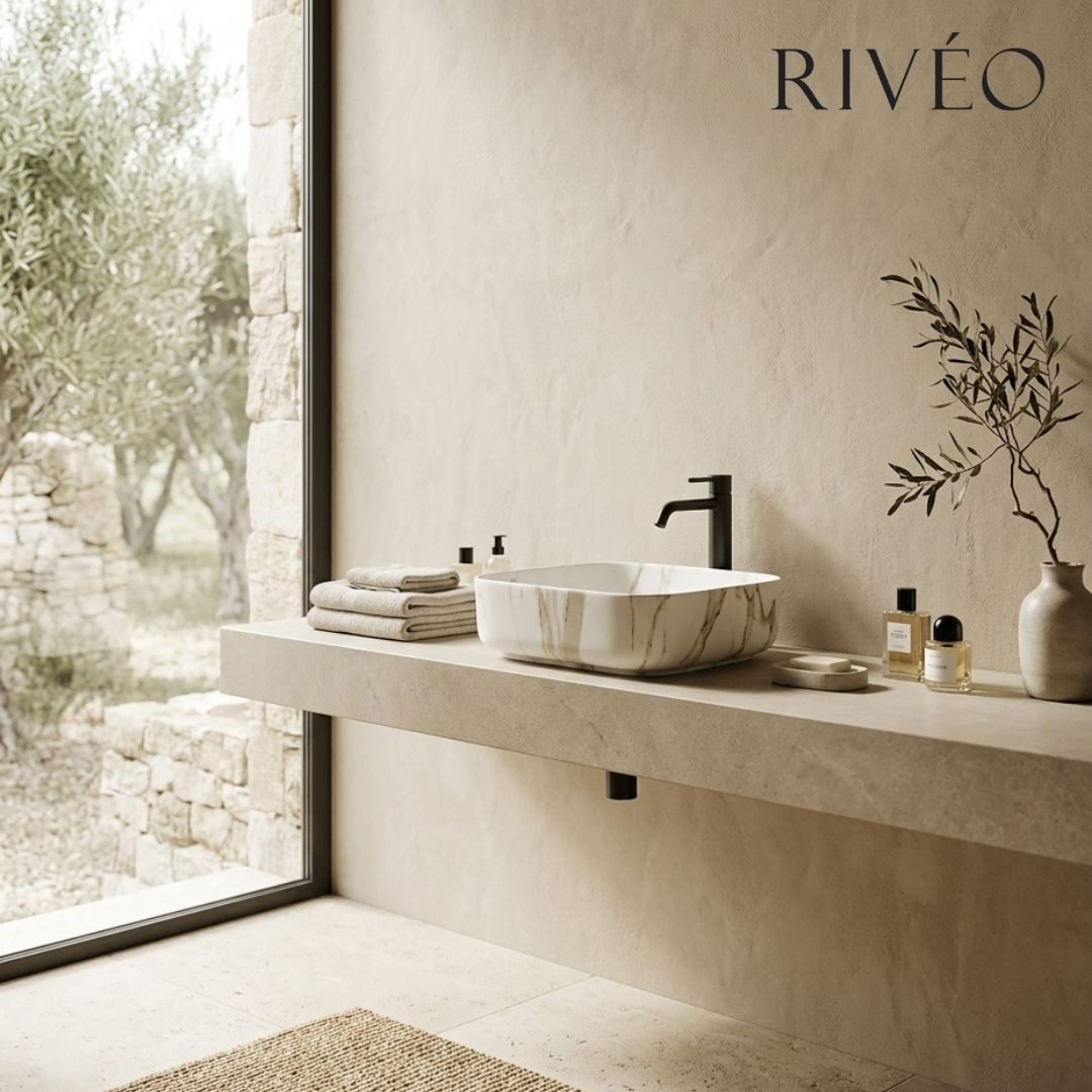Vasque à Poser Carrée Arrondie Effet Marbre Blanc RIVÉO – 395 × 395 mm – Avec Bonde