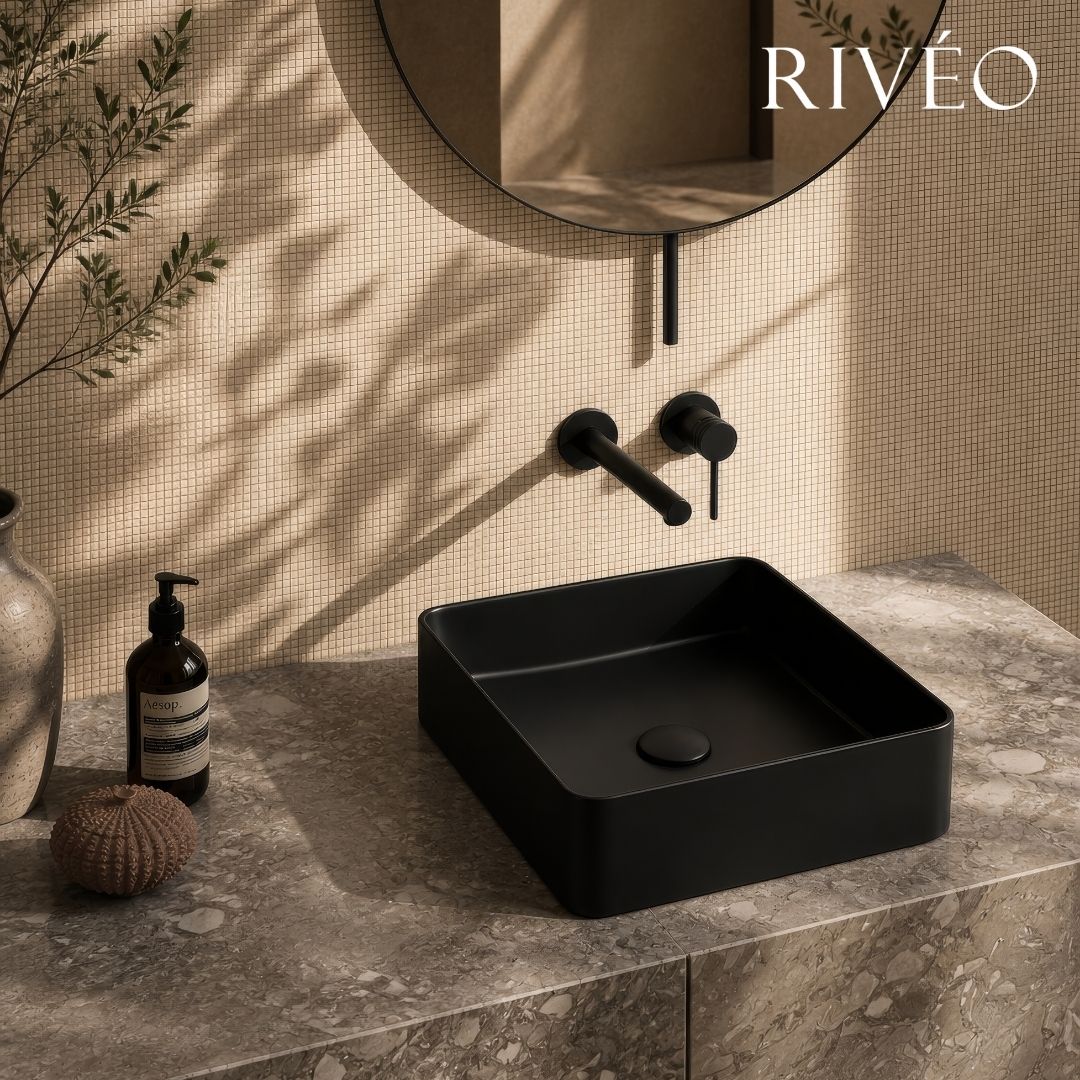 RIVÉO Matte Black Square Countertop Basin – 365 × 365 mm – With Drain Included