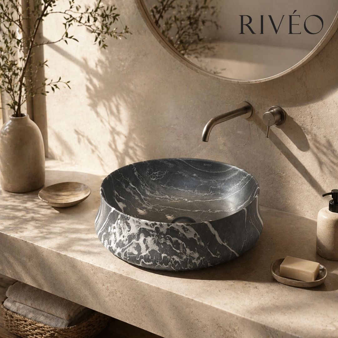 Round Countertop Basin Black Veined White RIVÉO – Ø455 mm – With Drain