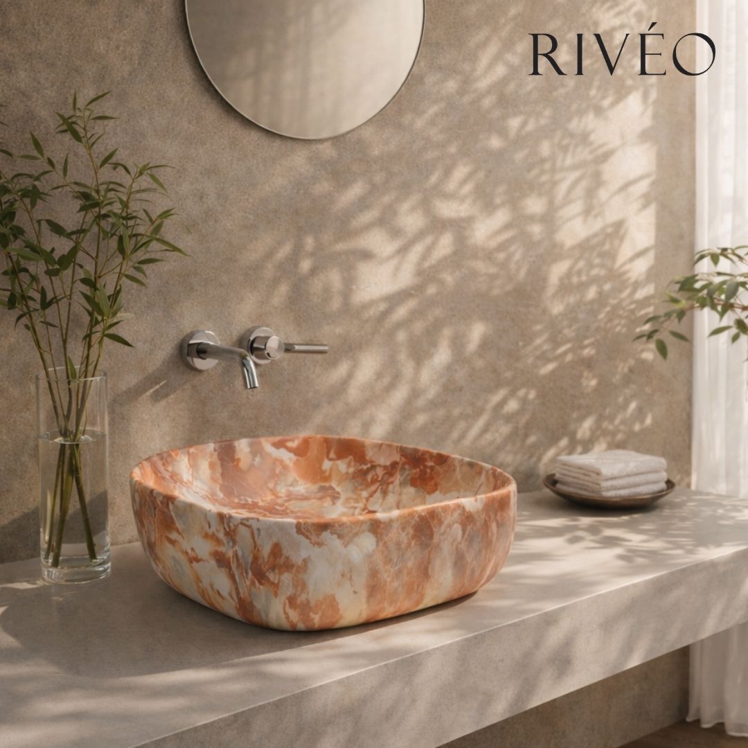 Terracotta Marble Effect Round Edged Square Countertop Basin RIVÉO – 425 × 425 mm – With Drain