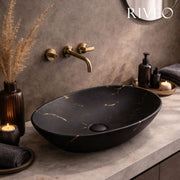 RIVÉO Oval Black Veined Gold Marble Countertop Basin – 590 × 425 mm – With Waste