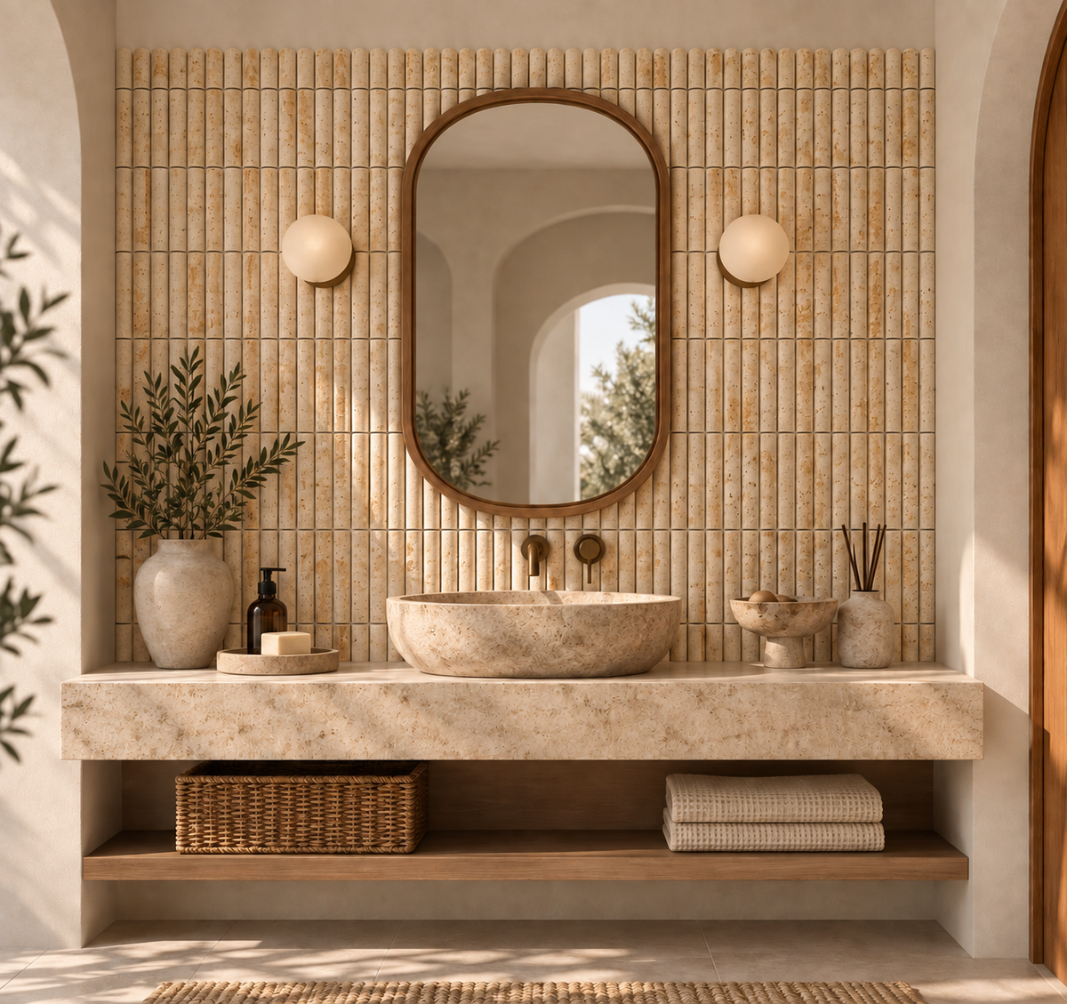 Mosaïque en Travertin Naturel – Demi-Rond – Beige – 30,5 × 30 cm